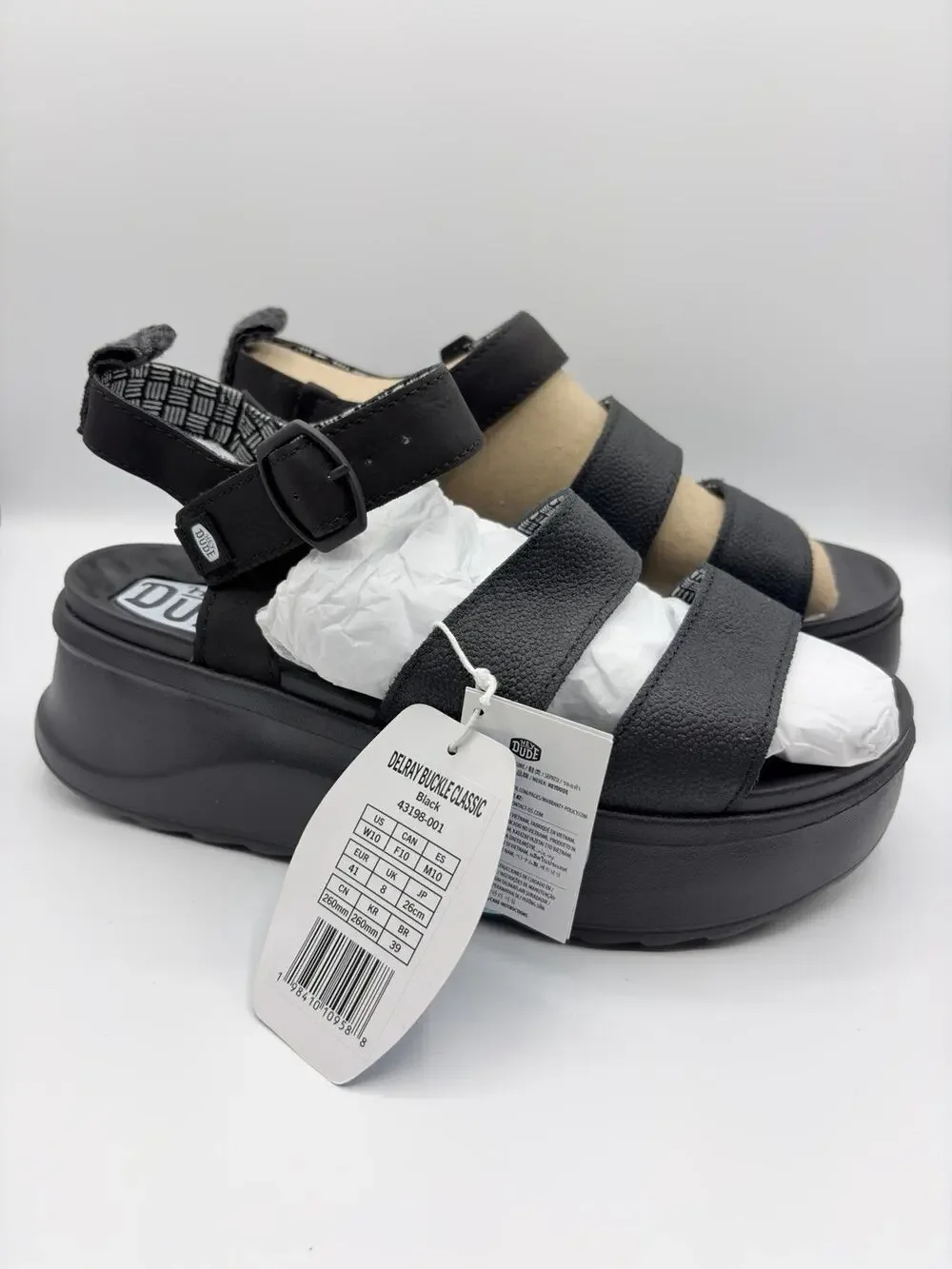 Hey Dude Delray Buckle Classic Women's Black Leather Platform Sandals Sz 10 NWT